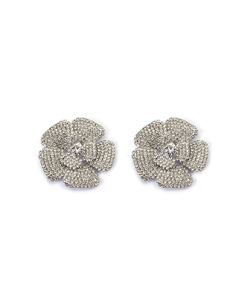 Silver color tone flower shaped earrings with crystal stones