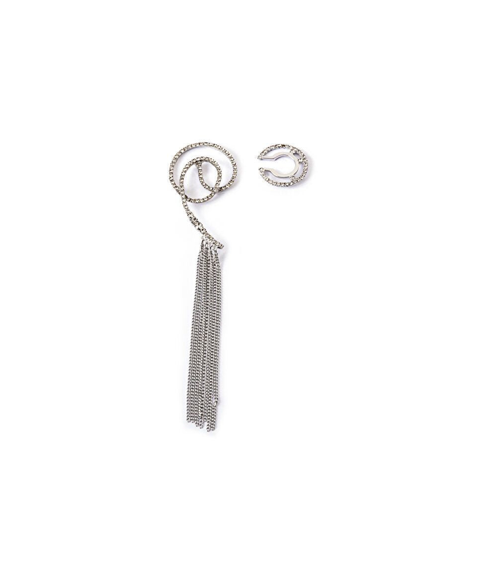 Silver color earrings with a chain, abstract design