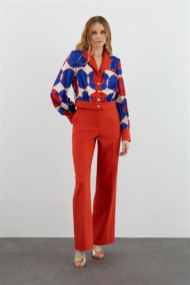 Orange Suit with Patterned Jacket and Wide Leg Pants