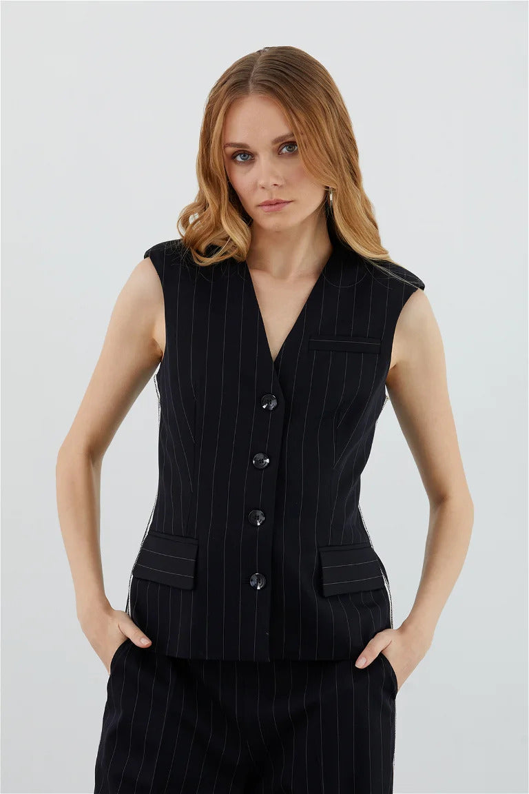 Black Striped Suit with Zero Sleeve Vest and Palazzo Pants