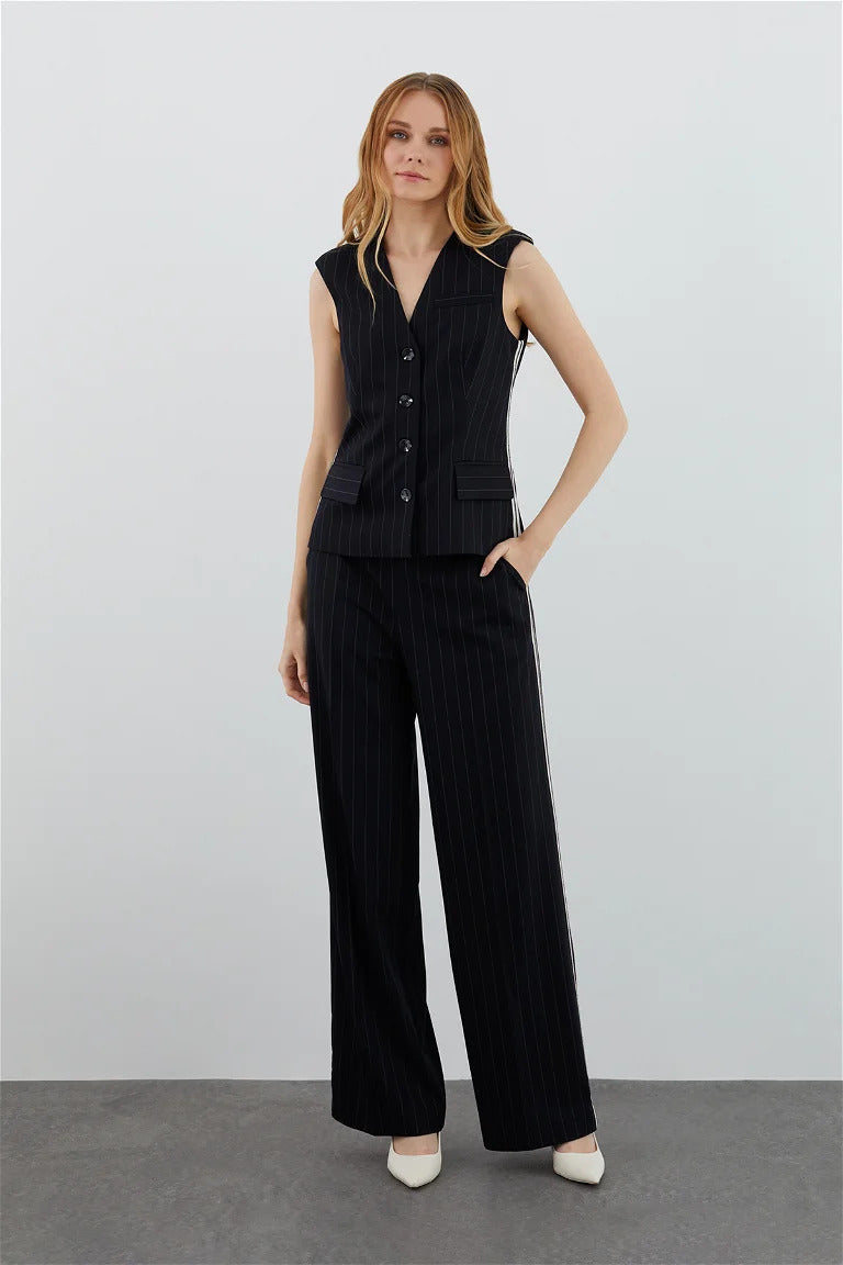 Black Striped Suit with Zero Sleeve Vest and Palazzo Pants