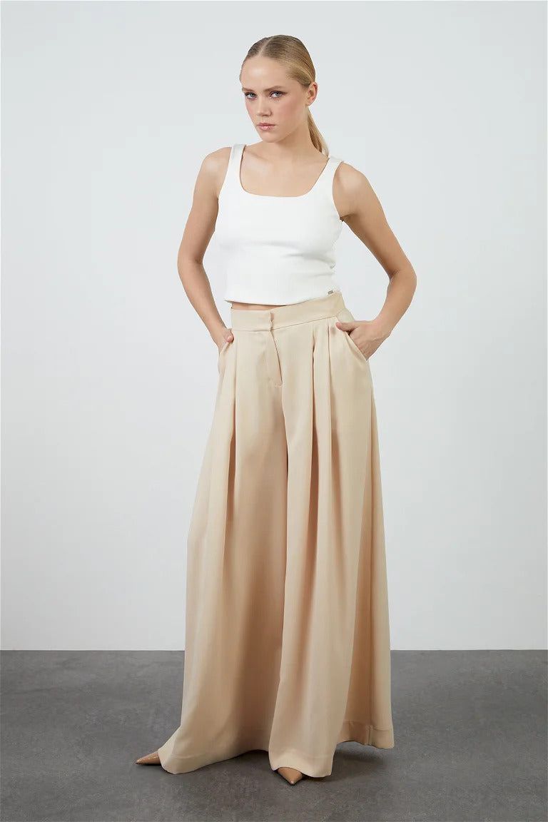 Beige Wide-Leg Pants with Pleat Detail