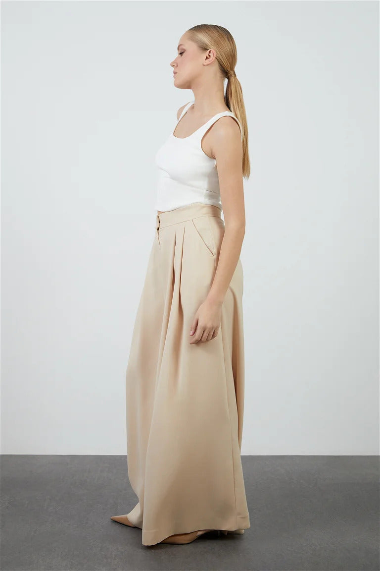 Beige Wide-Leg Pants with Pleat Detail