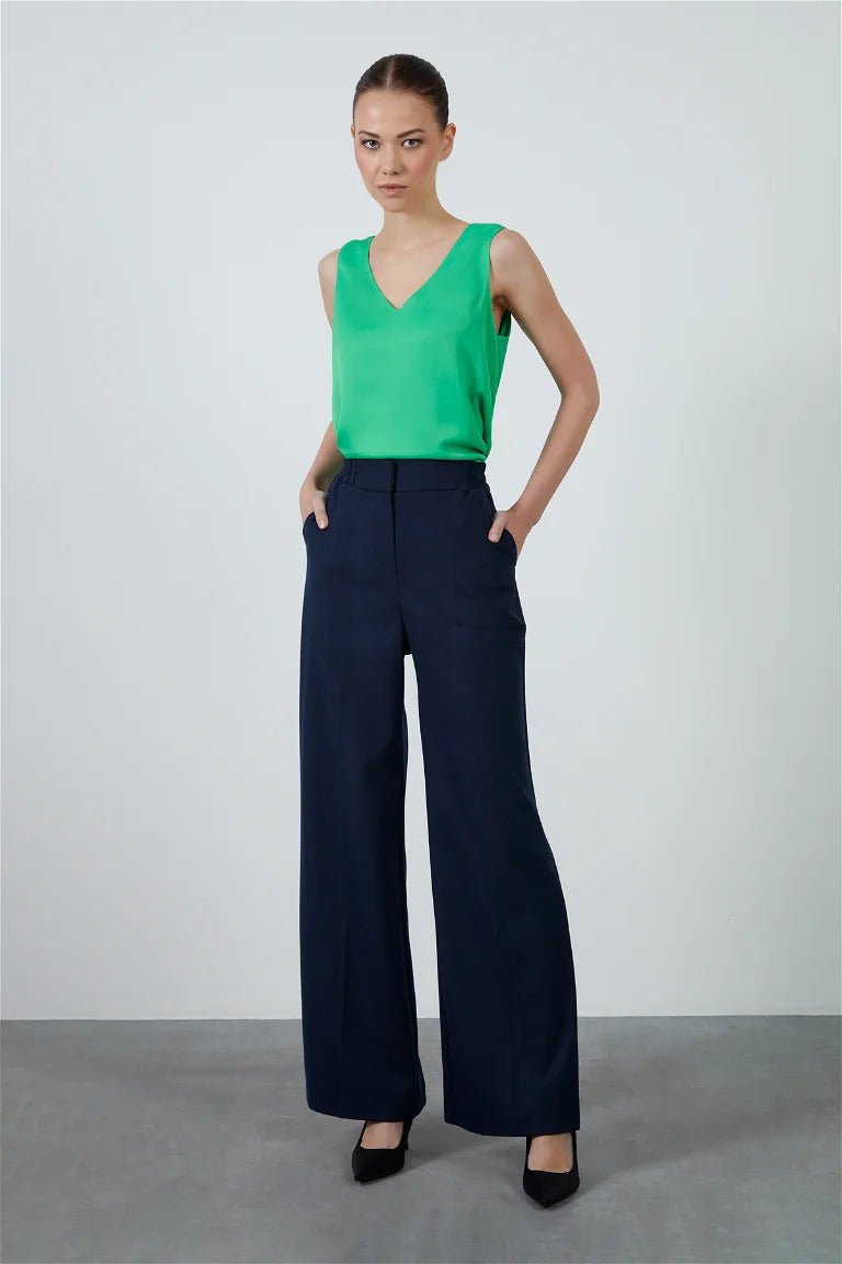 High Waist Elastic Waist Comfort Cut Pocketed Navy Palazzo Pants