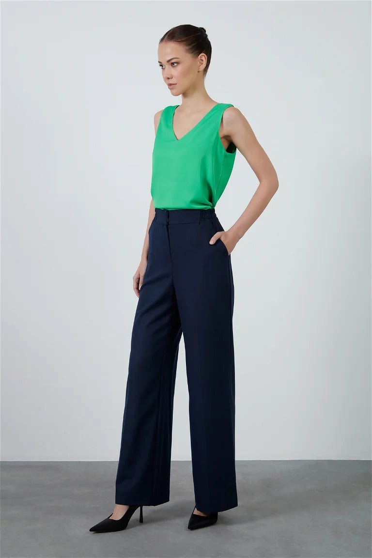 High Waist Elastic Waist Comfort Cut Pocketed Navy Palazzo Pants