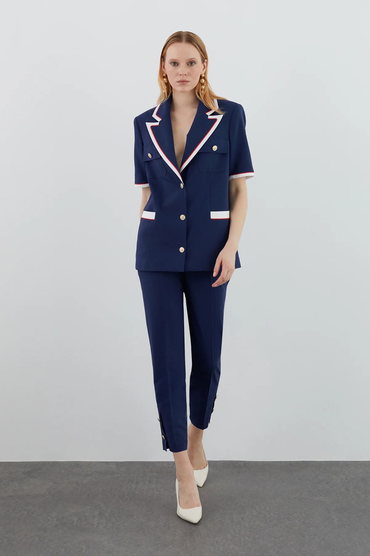 Navy Suit with Button Detail Jacket and Carrot Pants