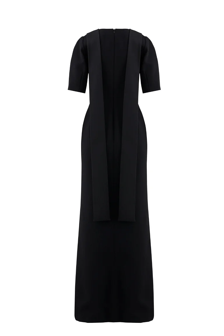 Long Black Dress with Tie Detail at Neck