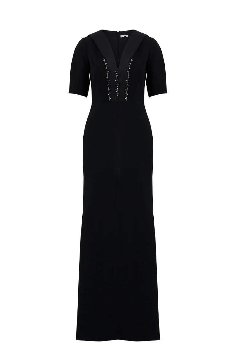 Long Black Dress with Tie Detail at Neck