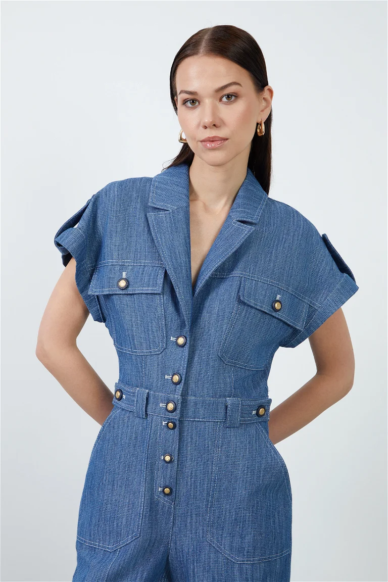 Sparkly Blue Denim Jumpsuit with Button Detail