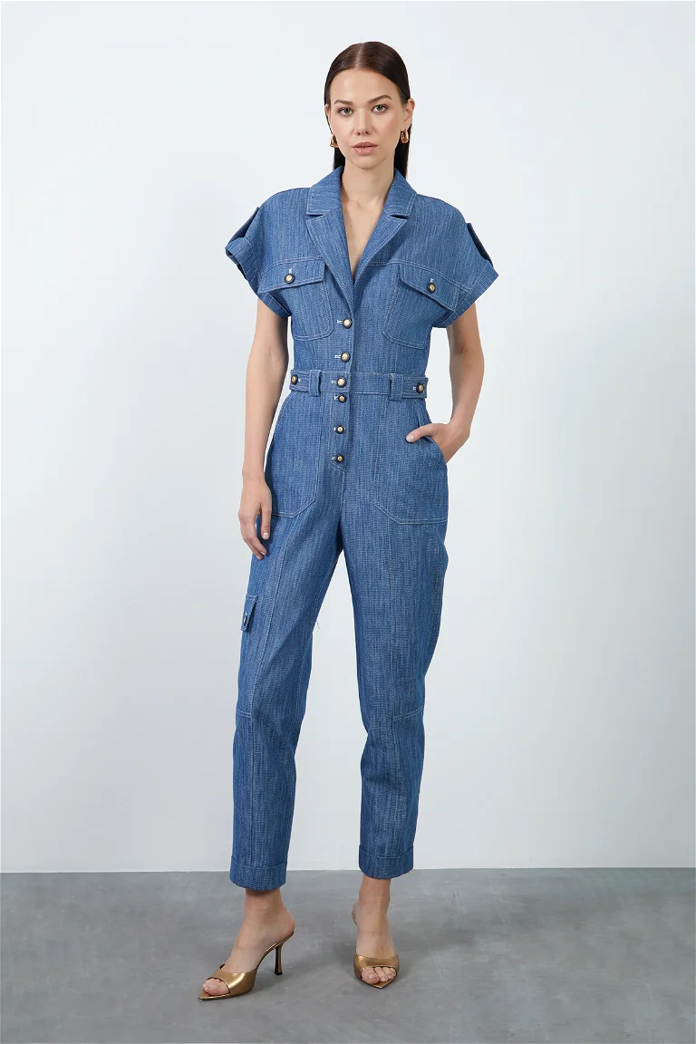 Sparkly Blue Denim Jumpsuit with Button Detail