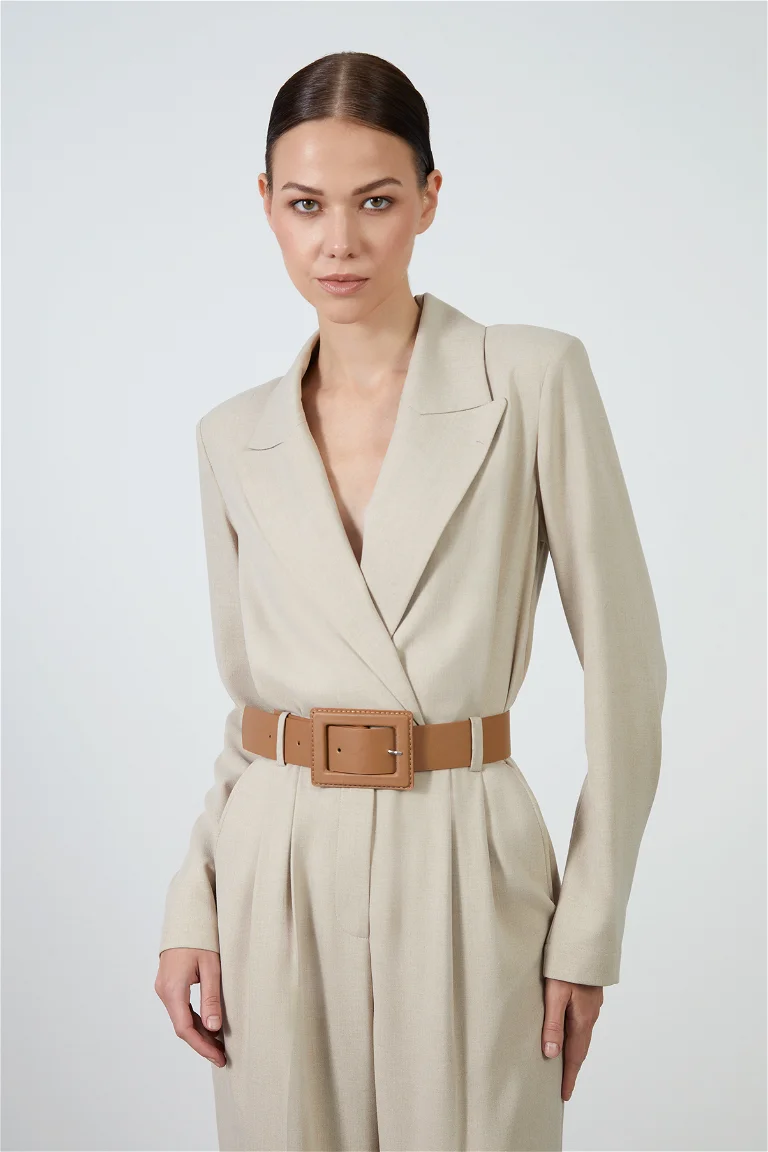 Wrap Closure Belted Leather Belt Beige Long Jumpsuit