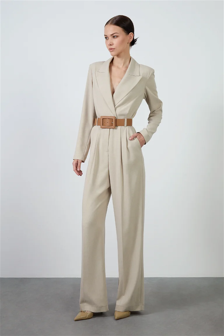 Wrap Closure Belted Leather Belt Beige Long Jumpsuit