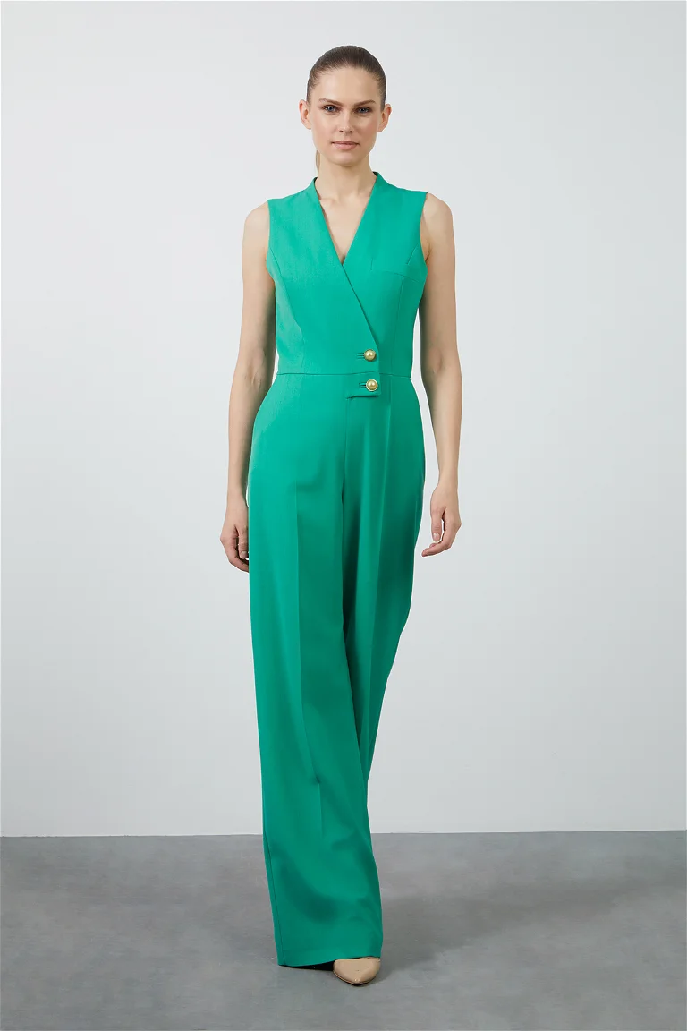 Sleeveless Green Long Jumpsuit With Pearl And Gold Detail Buttons