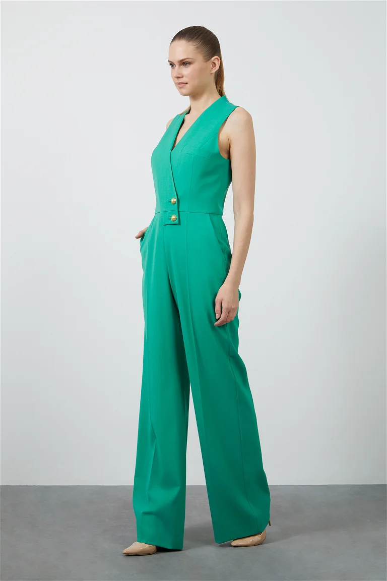 Sleeveless Green Long Jumpsuit With Pearl And Gold Detail Buttons