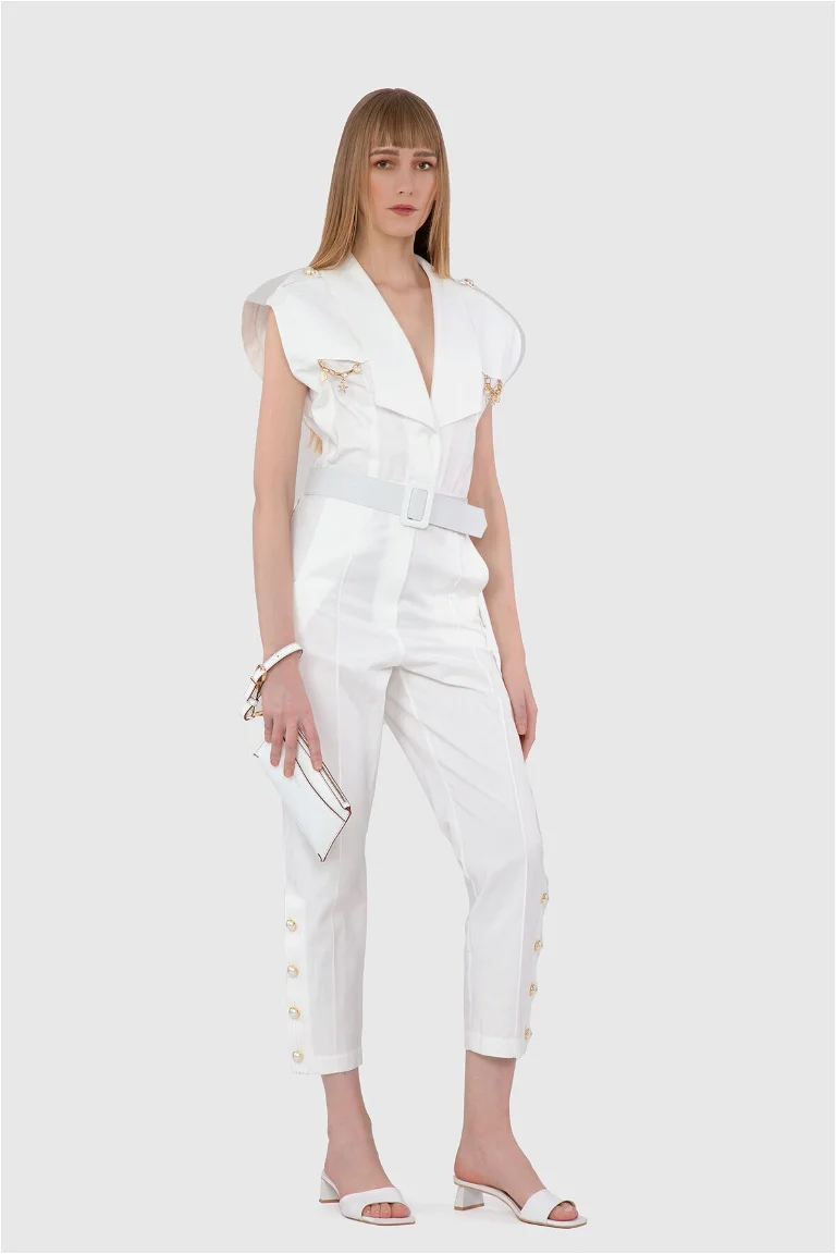 Accessory And Pearl Button Detailed Belted Ecru Jumpsuit