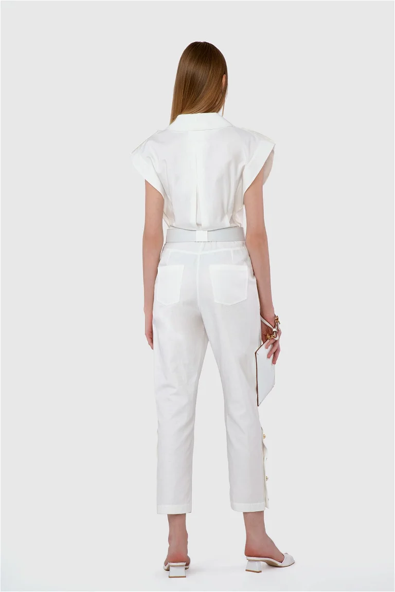 Accessory And Pearl Button Detailed Belted Ecru Jumpsuit