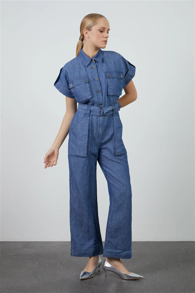 Navy Linen Jumpsuit with Epaulettes and Belt