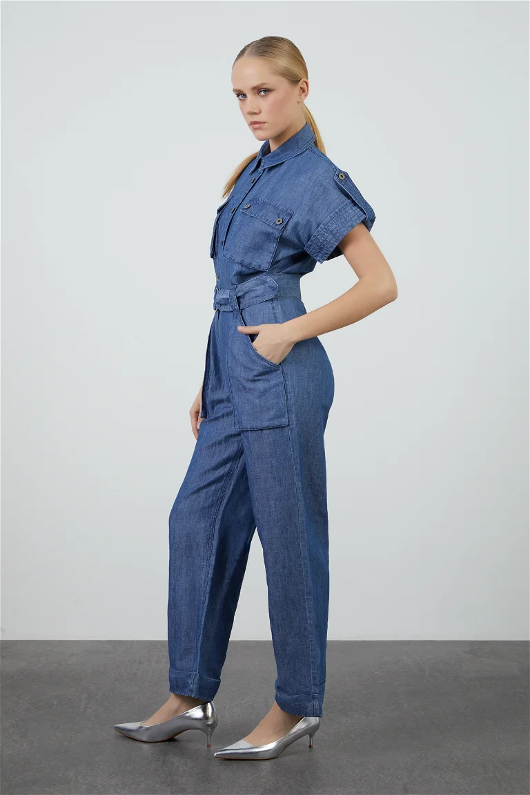 Navy Linen Jumpsuit with Epaulettes and Belt