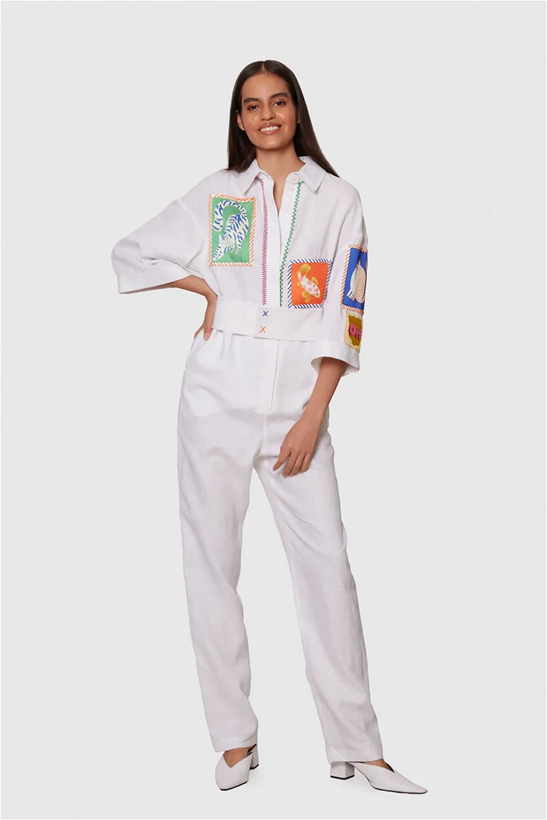 Embroidered White Linen Jumpsuit