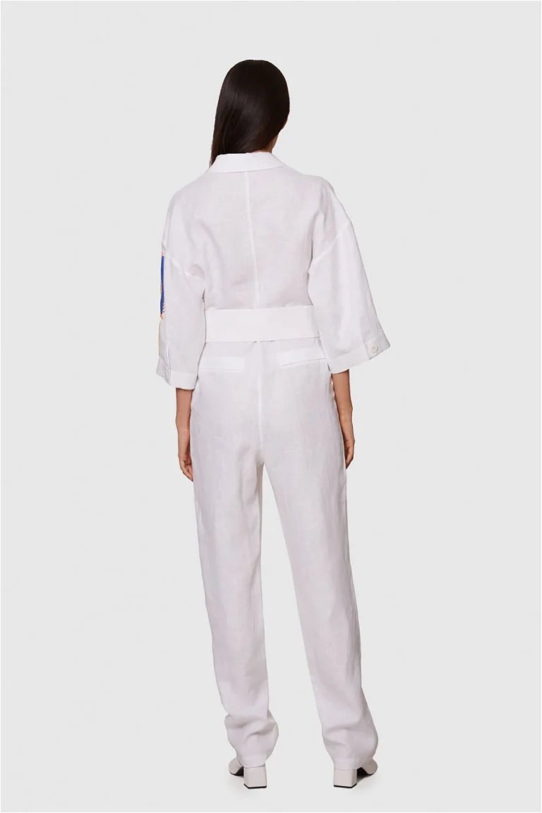 Embroidered White Linen Jumpsuit