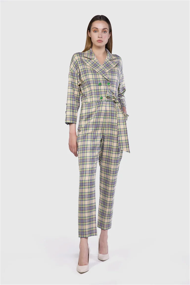 Button Detailed Side Belted Plaid Green Jumpsuit