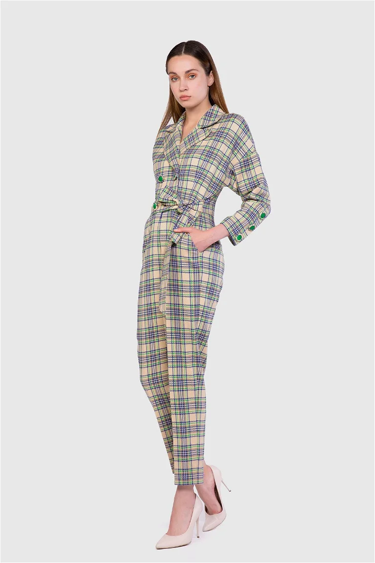 Button Detailed Side Belted Plaid Green Jumpsuit