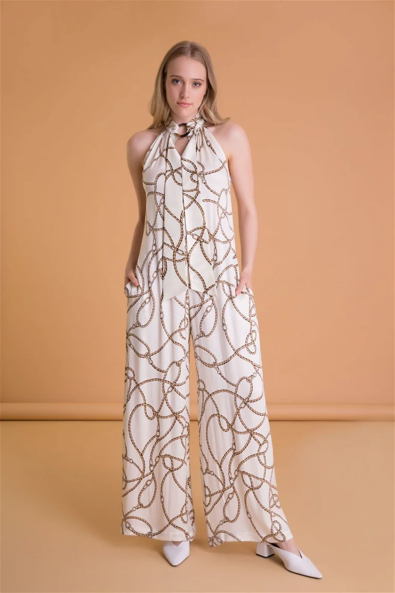 Chain Pattern Halter Neck Ecru Jumpsuit