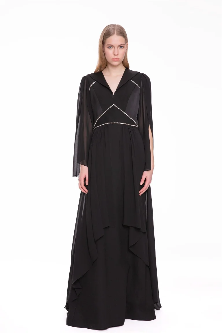 Stone Embroidered Chiffon Sleeves Black Long Dress