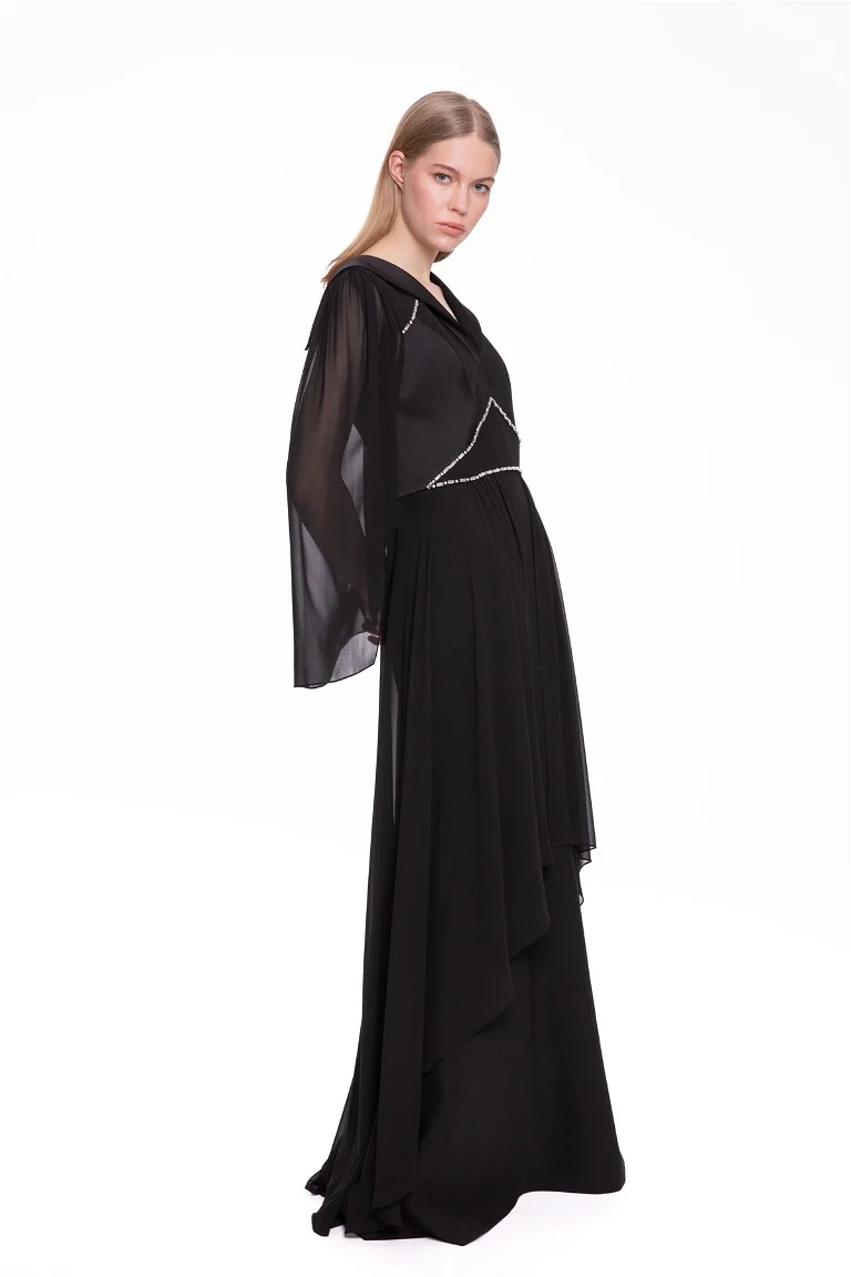 Stone Embroidered Chiffon Sleeves Black Long Dress