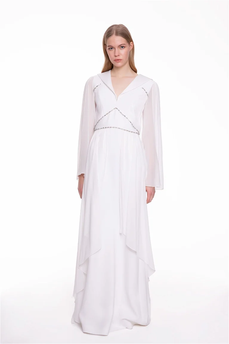 Stone Embroidered, Sleeves Chiffon Ecru Long Dress