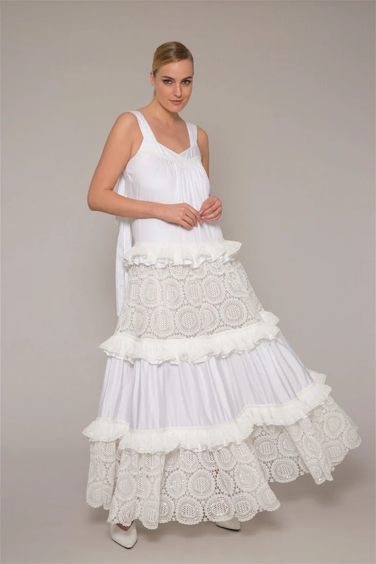 Long Lace Frilly White Dress With Thick Straps