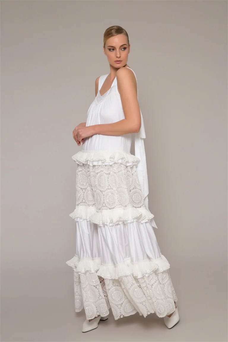 Long Lace Frilly White Dress With Thick Straps