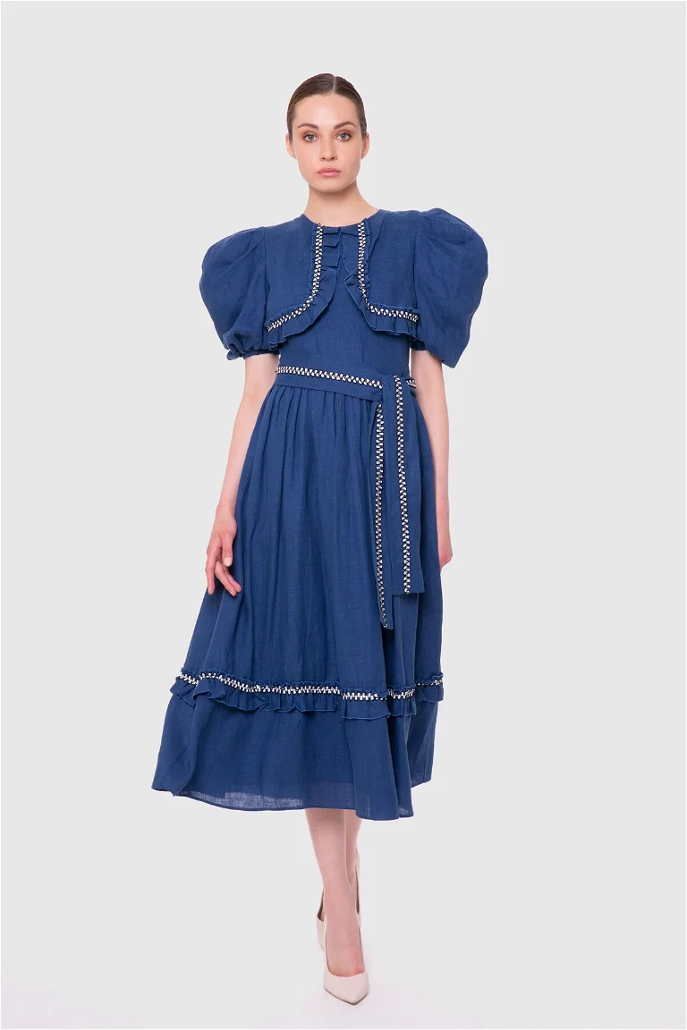 Ruffle Detailed Voluminous Sleeve Indigo Midi Dress