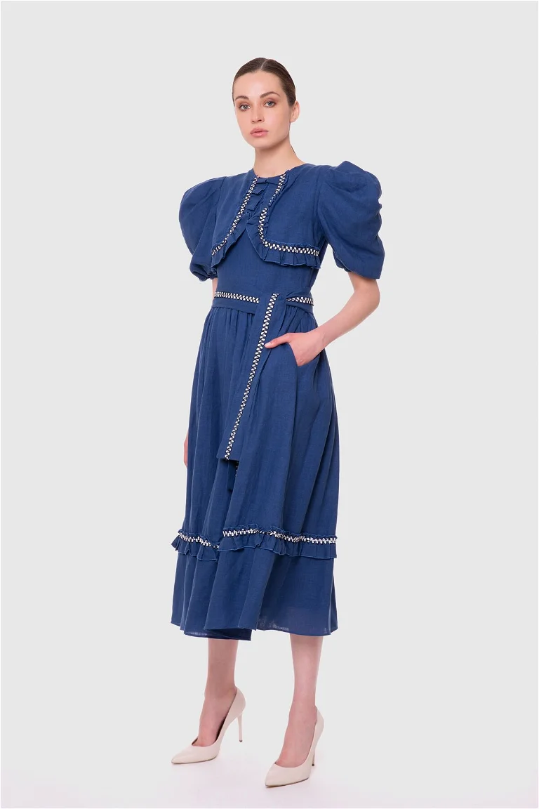 Ruffle Detailed Voluminous Sleeve Indigo Midi Dress