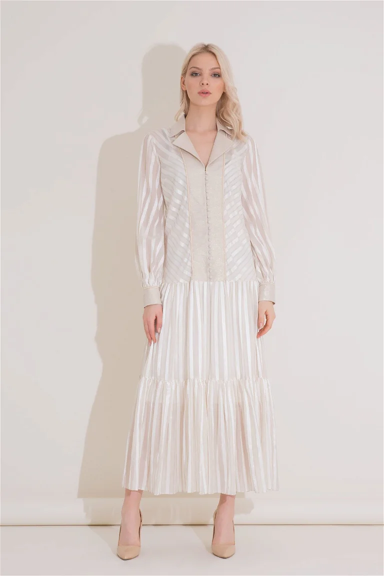 Glittery Linen Collar Detailed Transparent Striped Long Beige Shirt Dress