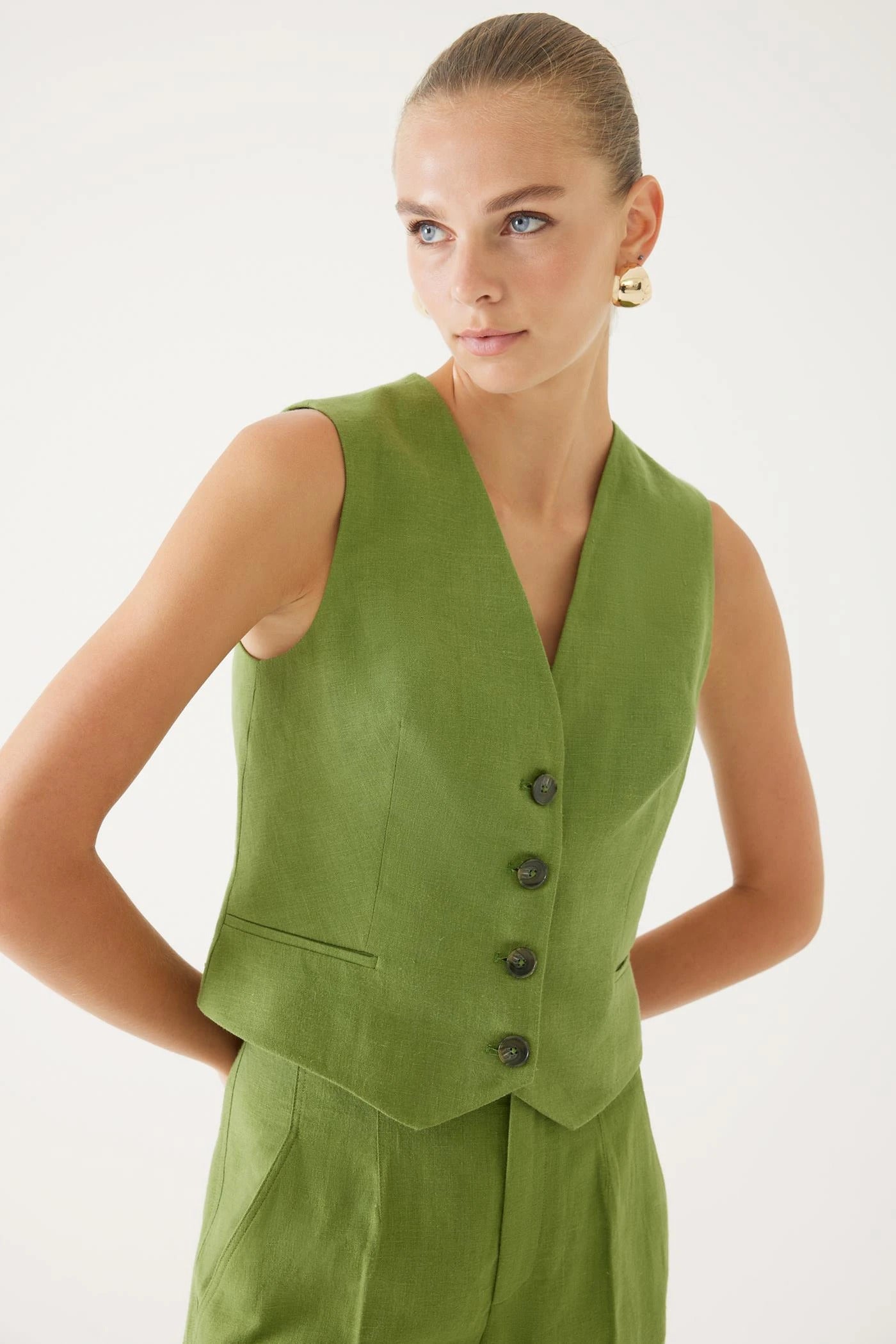 Pistachio Green Linen Vest and Pant Set