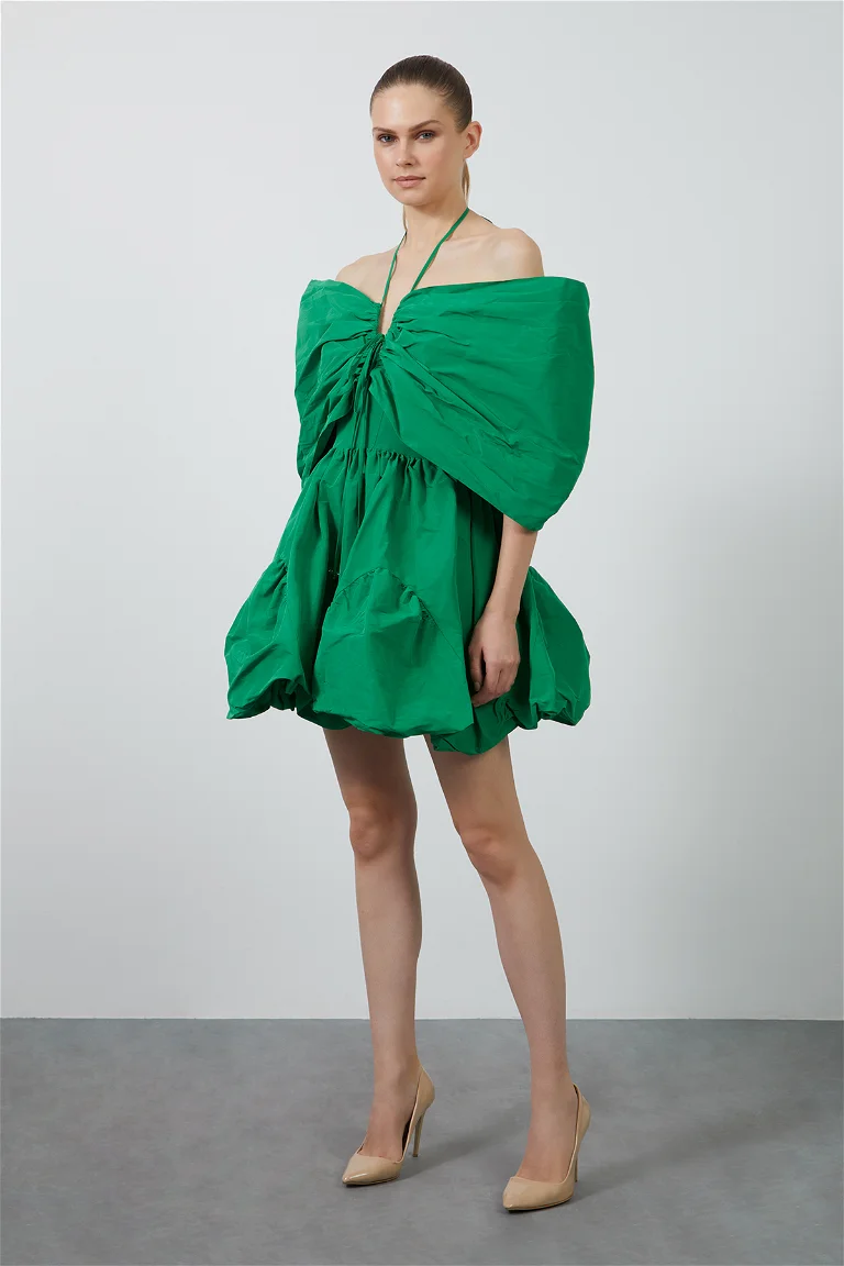 Wide Low Sleeve Detail with Tie Embroidery Midi Length Green Dress