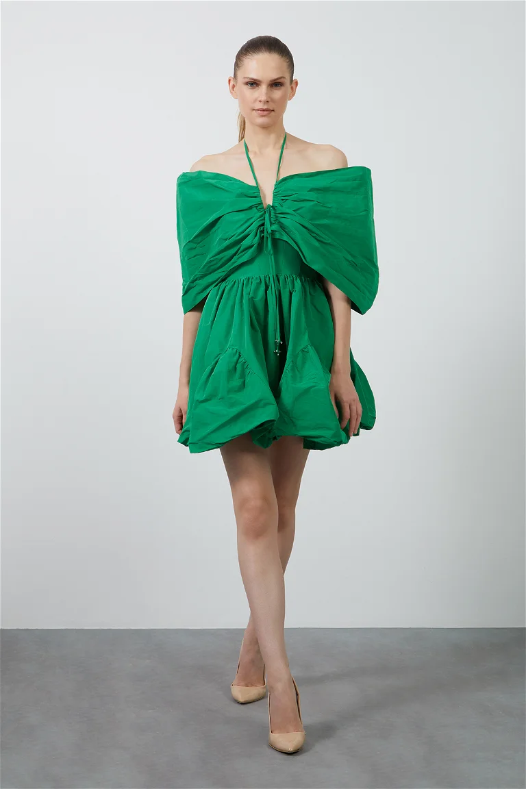 Wide Low Sleeve Detail with Tie Embroidery Midi Length Green Dress