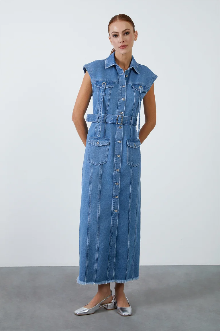 Metal Buckle Belted Sleeveless Blue Denim Dress