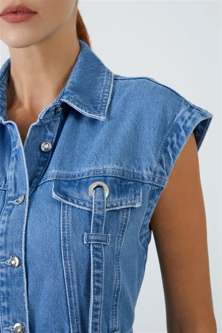 Metal Buckle Belted Sleeveless Blue Denim Dress