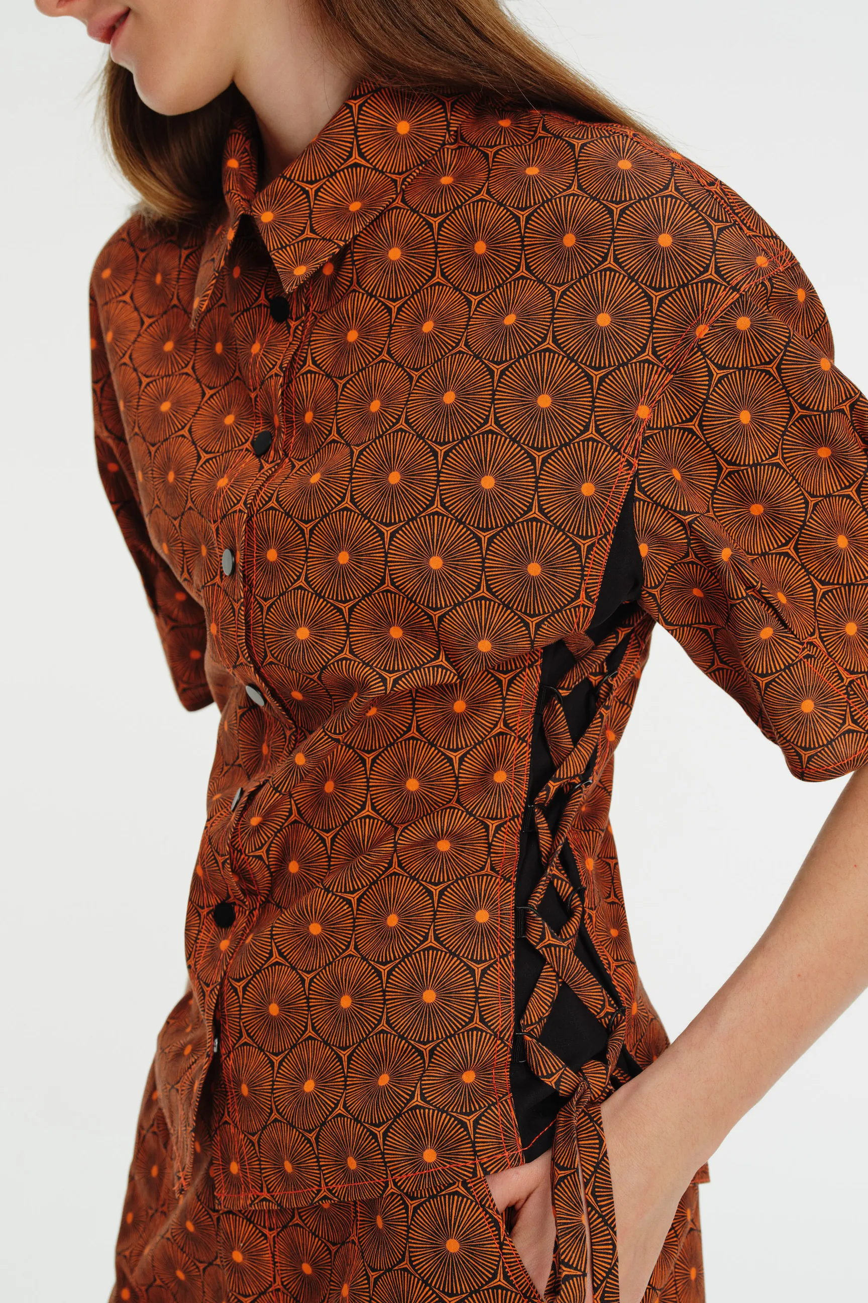 Short Sleeve Patterned Cotton Shirt and Pant with Stitching and Garni Detail