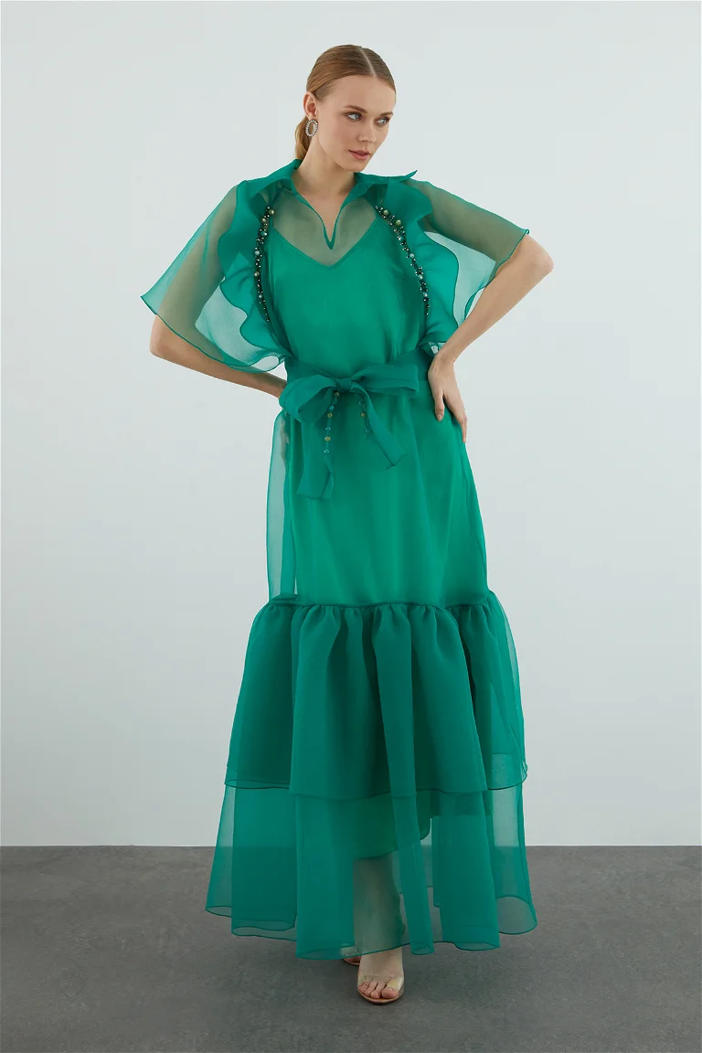 Long Embroidered Green Dress with Tulle Detail