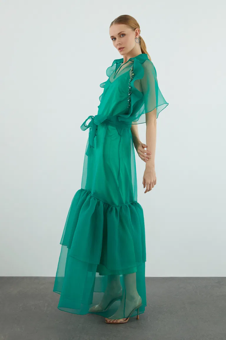 Long Embroidered Green Dress with Tulle Detail