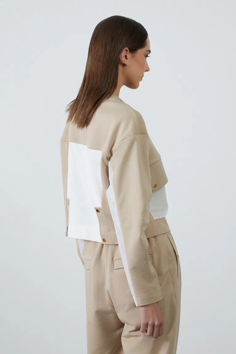 Beige Jacket with Wide Pockets and Gold Snap Detail and Embroidery Detail Banded Beige Sweatpants