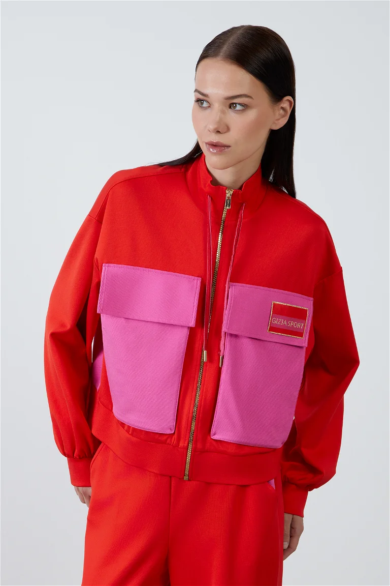 Label Detail Lace-up Wide Pocket Red Tracksuit Top and Tag Detailed Mesh-Lined Patterned Fuchsia Vest