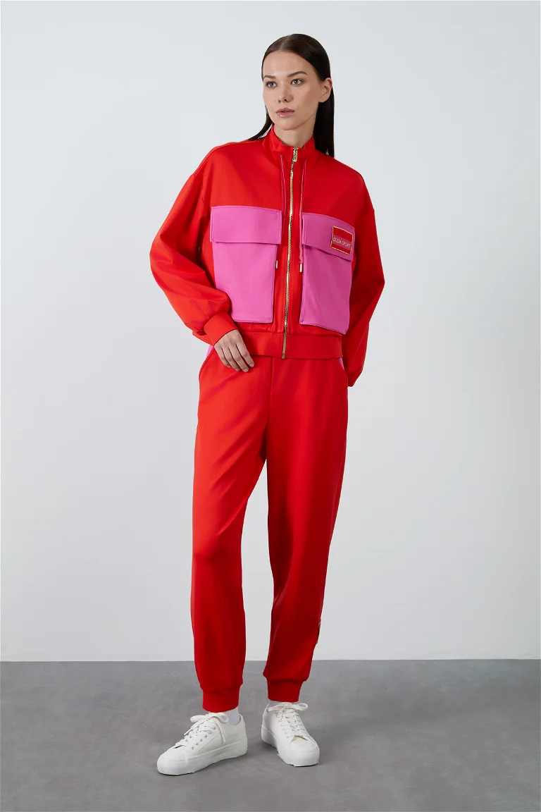 Label Detail Lace-up Wide Pocket Red Tracksuit Top and Tag Detailed Mesh-Lined Patterned Fuchsia Vest