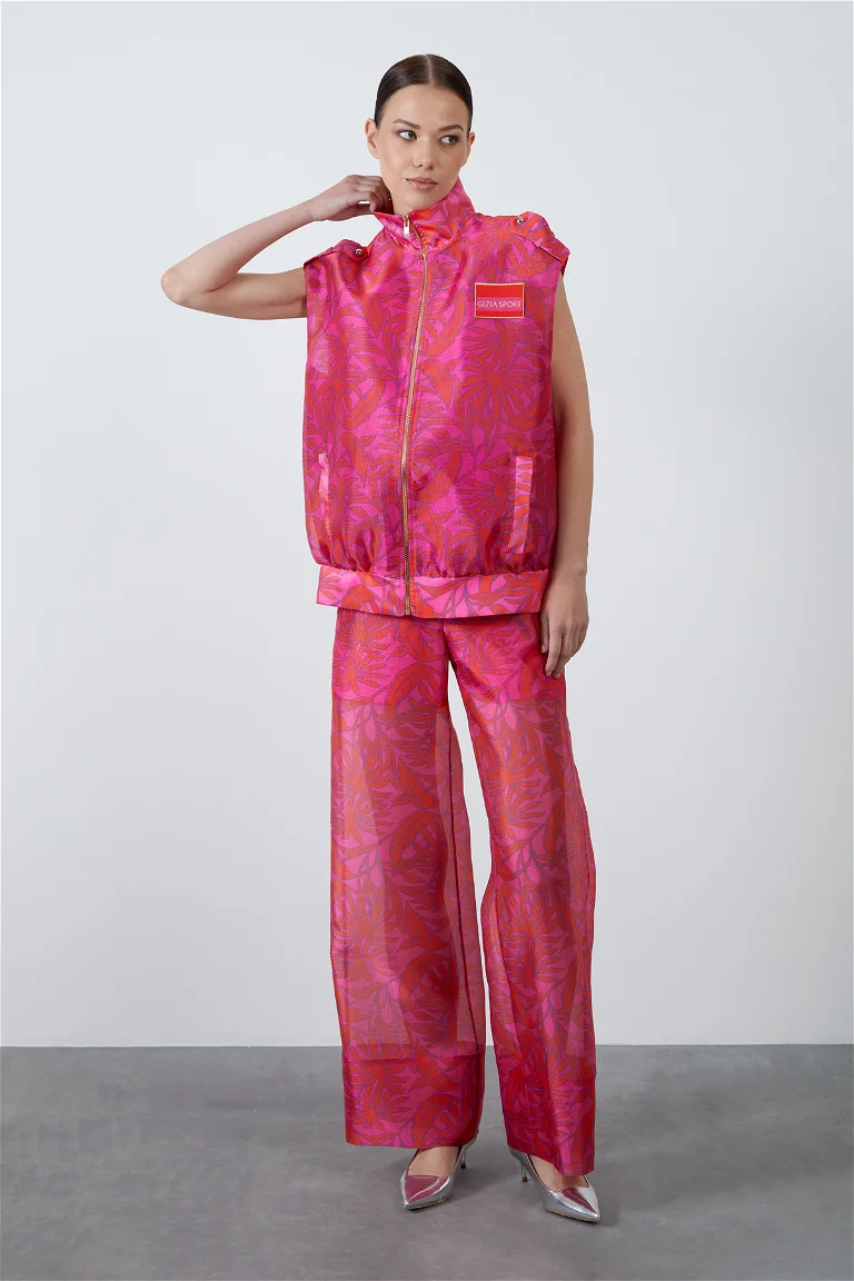 Tag Detailed Mesh-Lined Patterned Fuchsia Vest and Metal Plate Detailed Special Pattern Transparent Fuchsia Pants