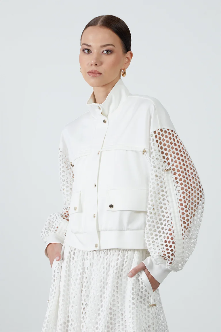 Ecru Jacket With Hood And Mesh Detail and Inner Lined Mesh Ecru Skirt