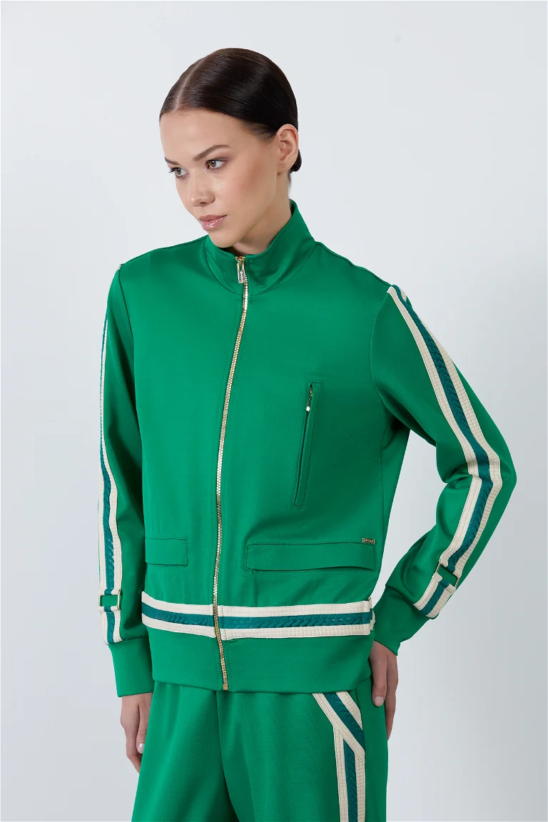 Striped Detail Green Cardigan and Side Stripe Detail Banded Bottom Green Tracksuit