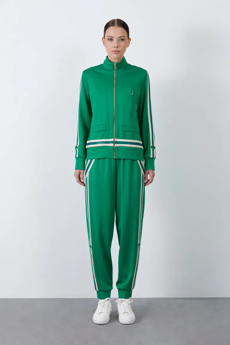 Striped Detail Green Cardigan and Side Stripe Detail Banded Bottom Green Tracksuit